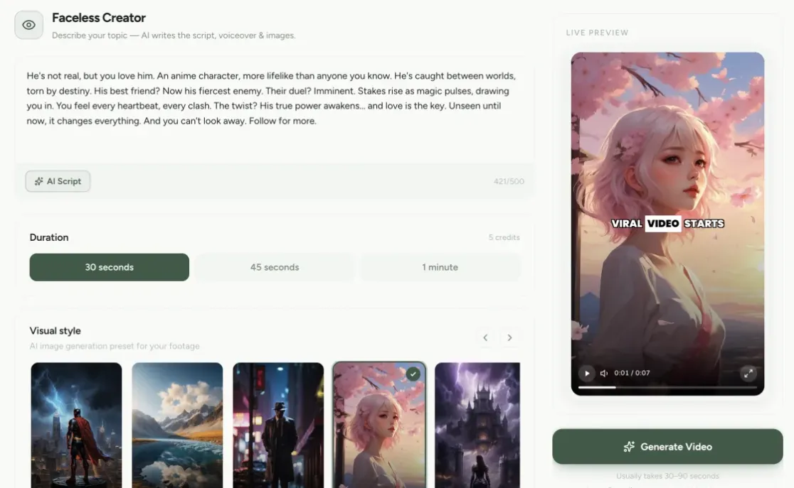 VClip AI script generator — write a faceless video script from a topic prompt