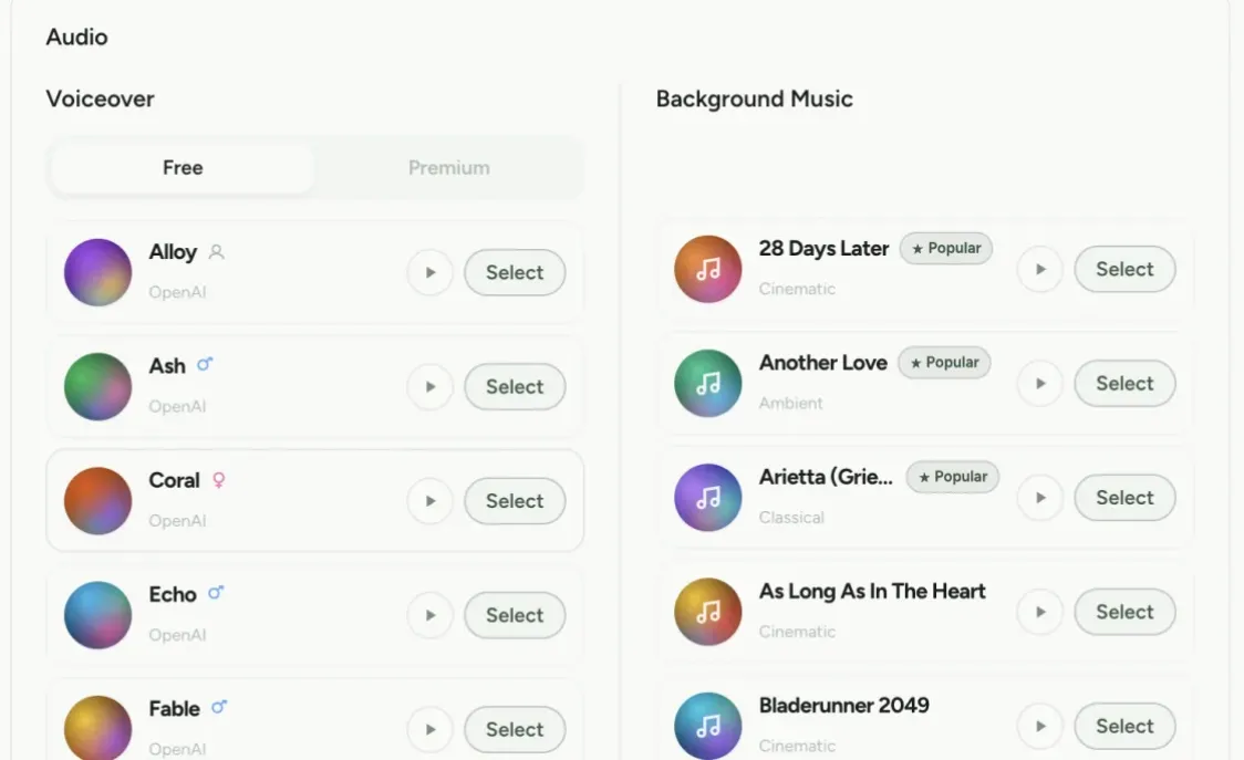 VClip AI voiceover selector — ElevenLabs studio voices and royalty-free music for faceless videos